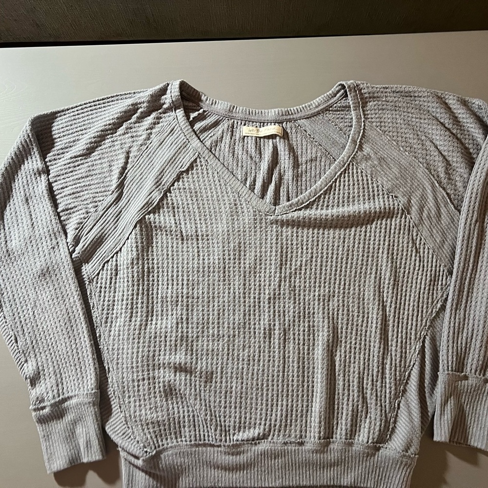 Free People Light Gray Waffle Knit V-Neck Sweatshirt, oversized, size S or XS.